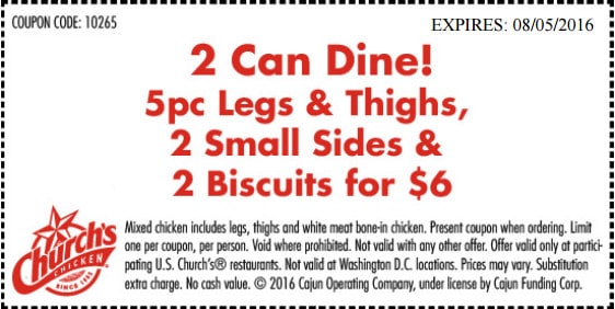 Church's Chicken coupon August 2016