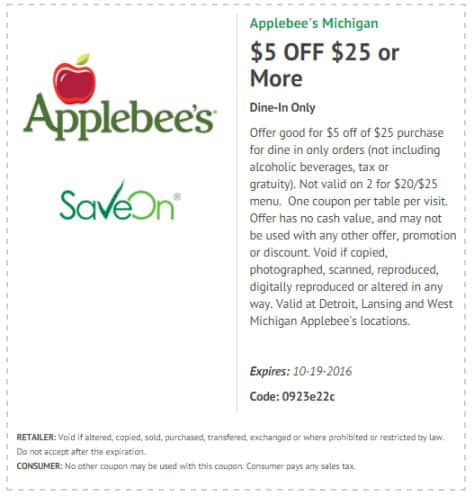 Applebees coupon good through October 2016