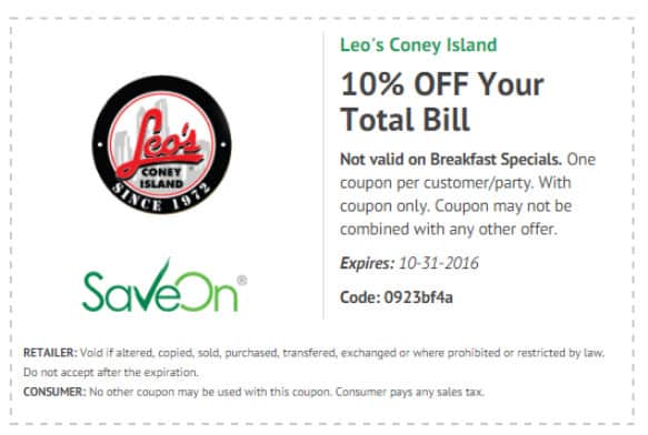 Leo's Coney coupon good thru October 2016