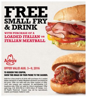 Arby's free small fries August coupon