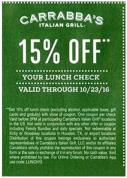 Carrabba's 15% off lunch coupon