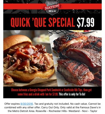 Famous Dave's BBQ discount special September 2016
