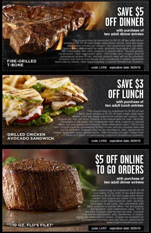 LongHorn Steakhouse coupons September 2016